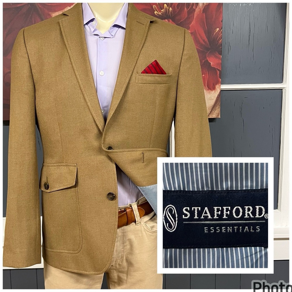 Stafford Blazer Knit Blazer Jacket Sport Coat Mens 42R Slim Fit Polyester Brown